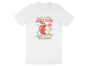 White t-shirt with "Organic Co. Apple Apple Club" text and apple graphic.