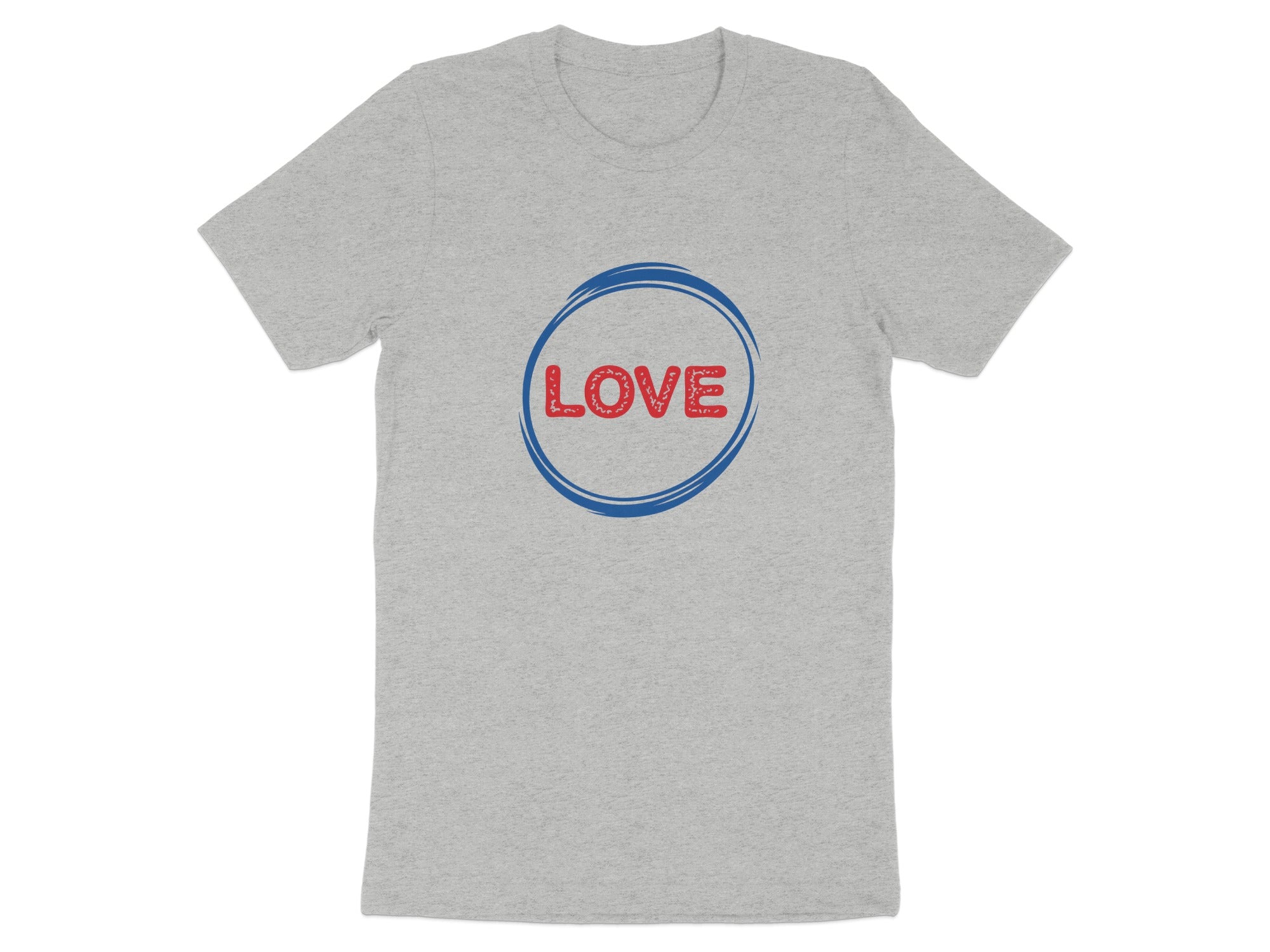 Grey t-shirt with red "LOVE" text inside blue concentric circles.