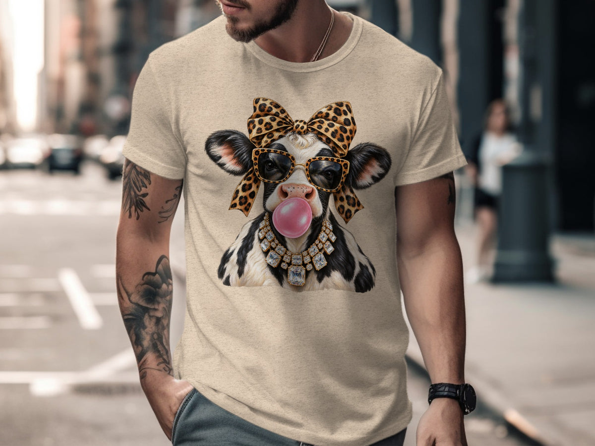 Cow with leopard bow, sunglasses, diamond necklace, and pink bubblegum.