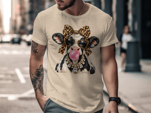 Cow with leopard bow, sunglasses, diamond necklace, and pink bubblegum.