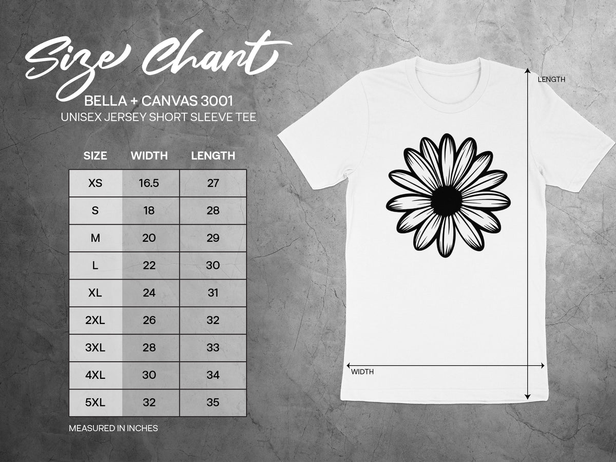 Size chart for Bella+Canvas 3001 unisex t-shirt with measurements in inches.
