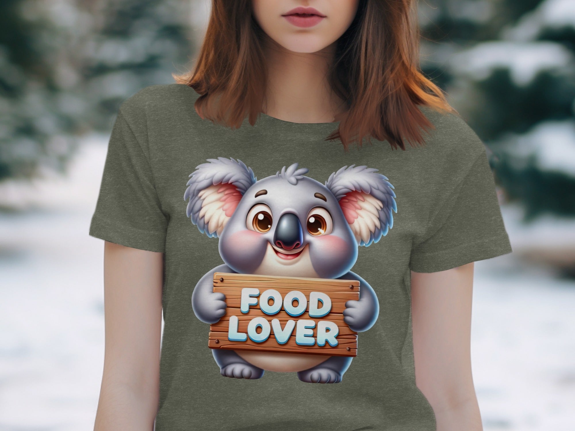 Cartoon koala holding wooden sign that says "FOOD LOVER".