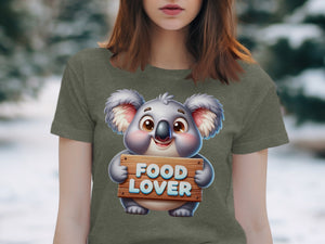 Cartoon koala holding wooden sign that says "FOOD LOVER".