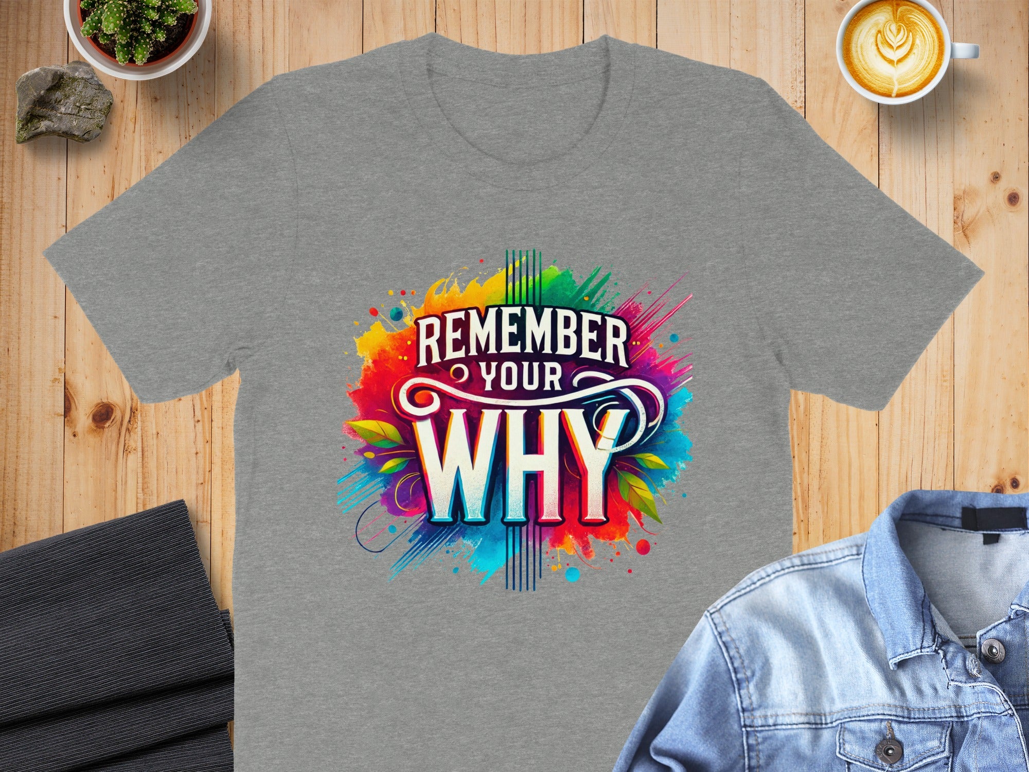 Grey t-shirt with "REMEMBER YOUR WHY" text and colorful paint splatters.