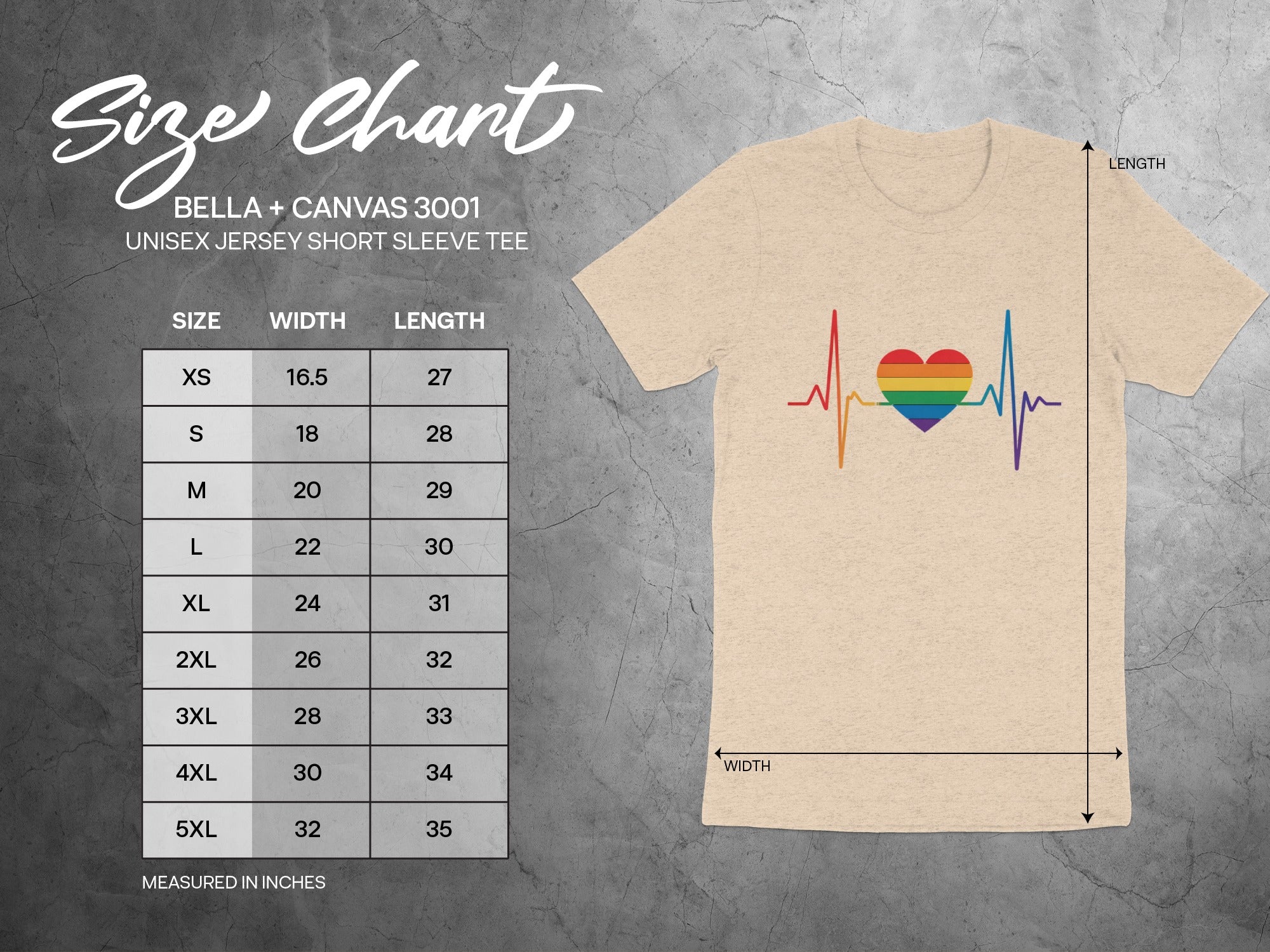 Size chart for BELLA + CANVAS 3001 unisex tee with rainbow heartbeat graphic.