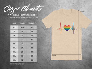 Size chart for BELLA + CANVAS 3001 unisex tee with rainbow heartbeat graphic.