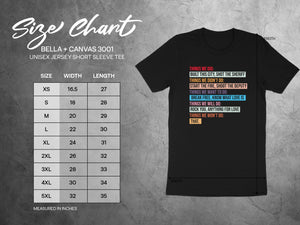 Bella + Canvas 3001 size chart with width and length measurements in inches.