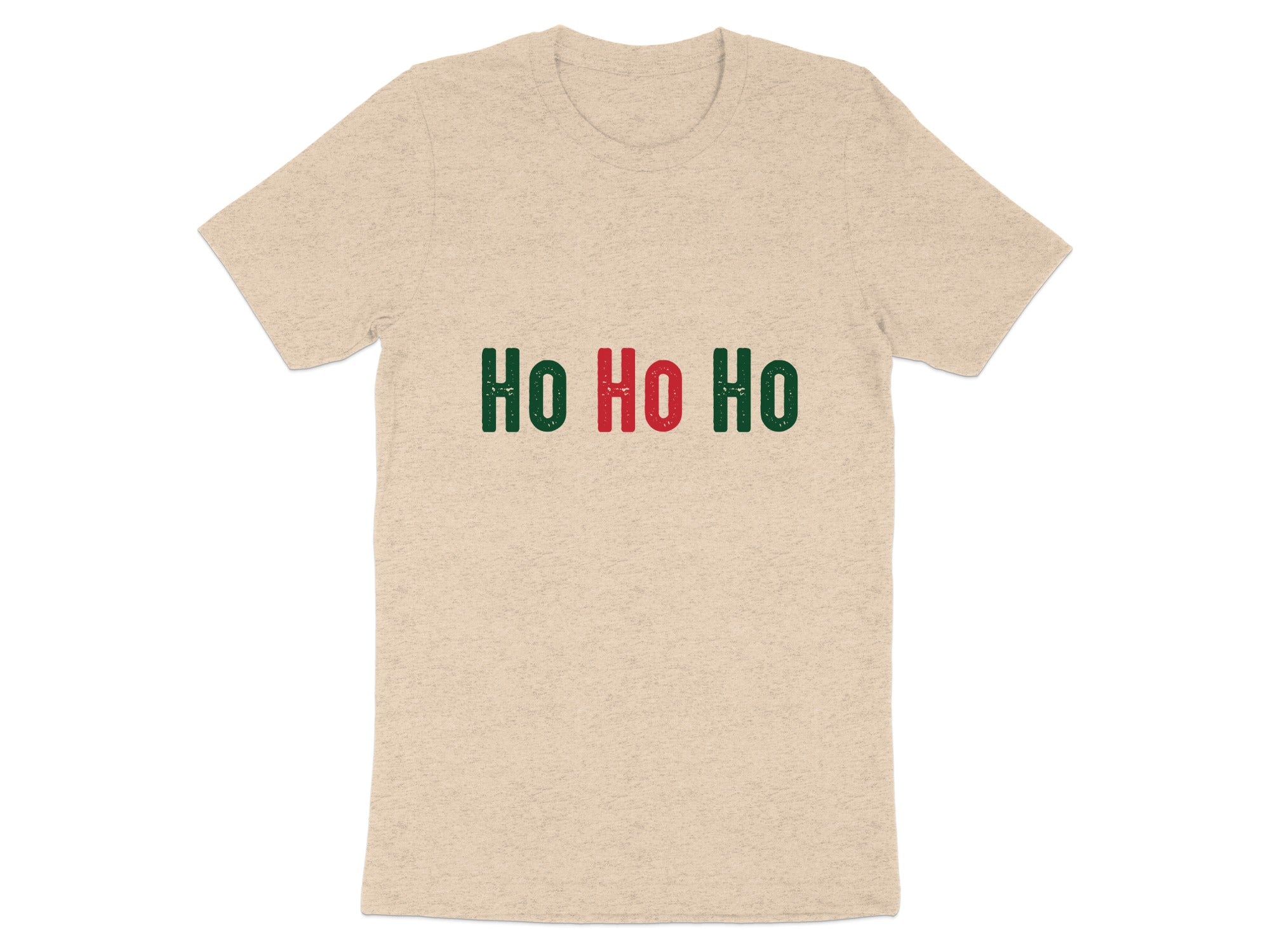 Light tan t-shirt with green and red "HO HO HO" text.