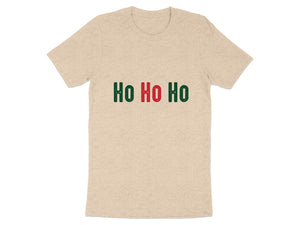 Light tan t-shirt with green and red "HO HO HO" text.