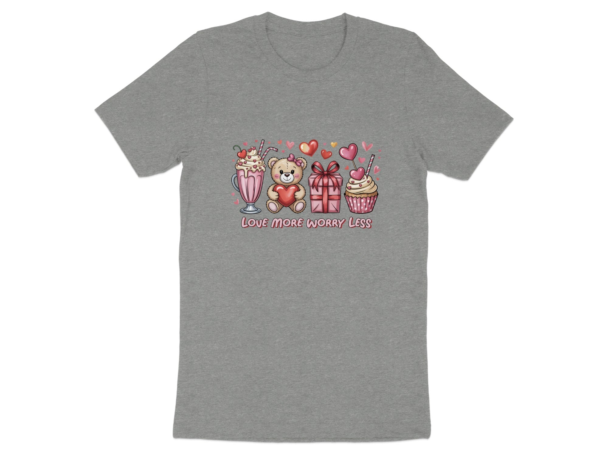 Gray t-shirt with teddy bear, gifts, and sweets design and text "LOVE MORE WORRY LESS".