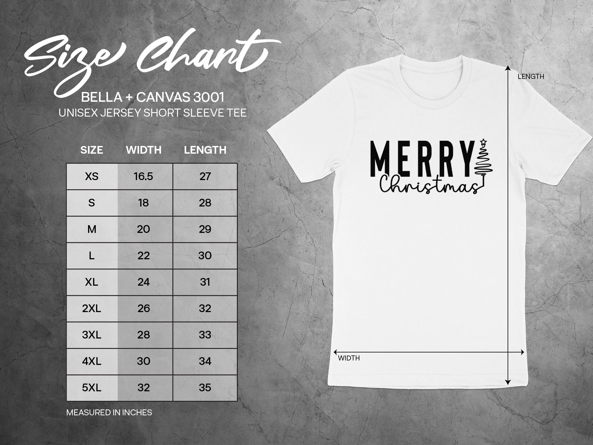Bella + Canvas 3001 unisex tee size chart with measurements in inches.