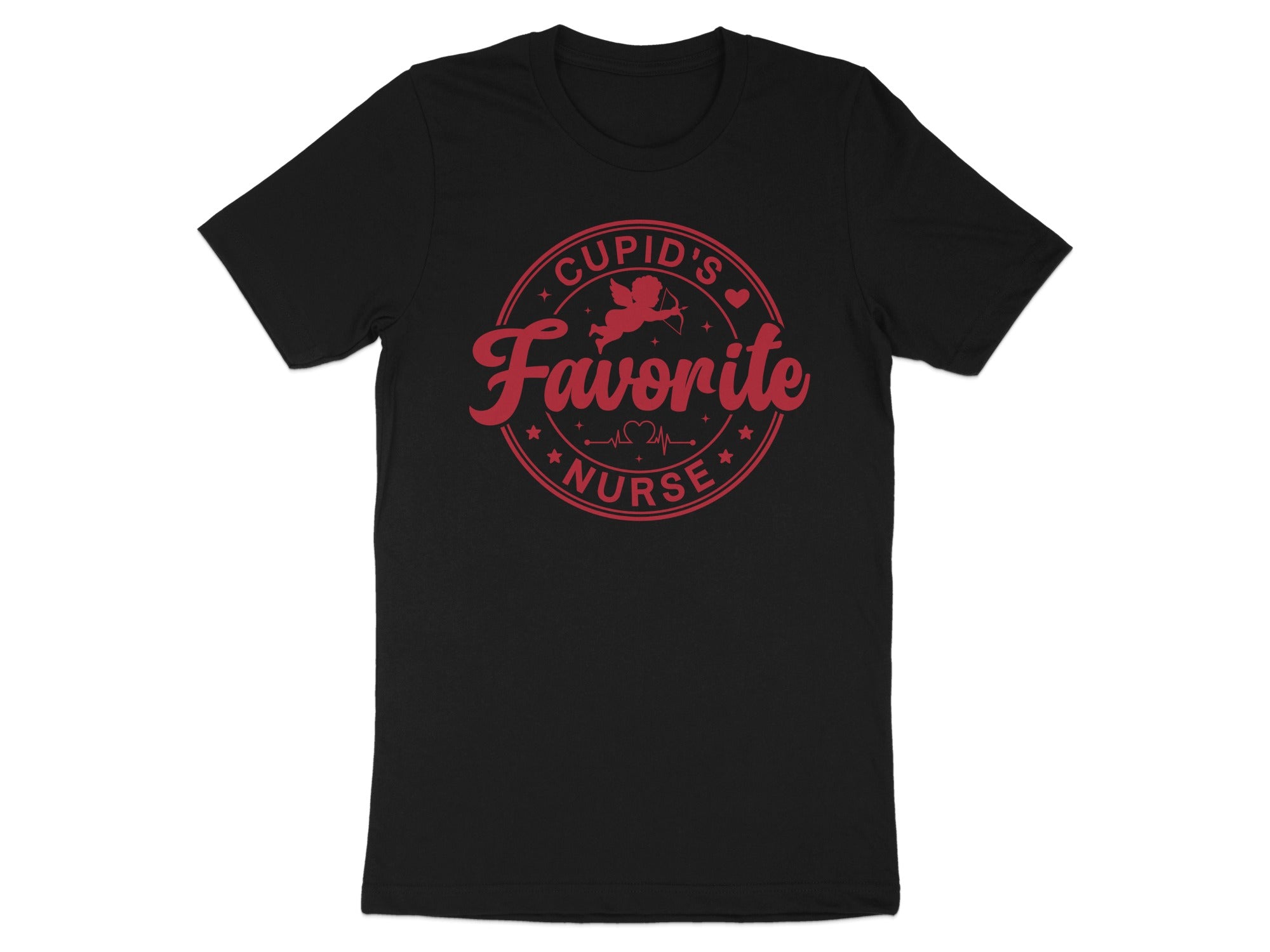 Black t-shirt with "Cupid's Favorite Nurse" text and cupid graphic.