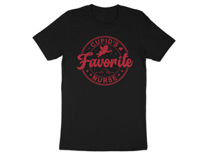 Black t-shirt with "Cupid's Favorite Nurse" text and cupid graphic.