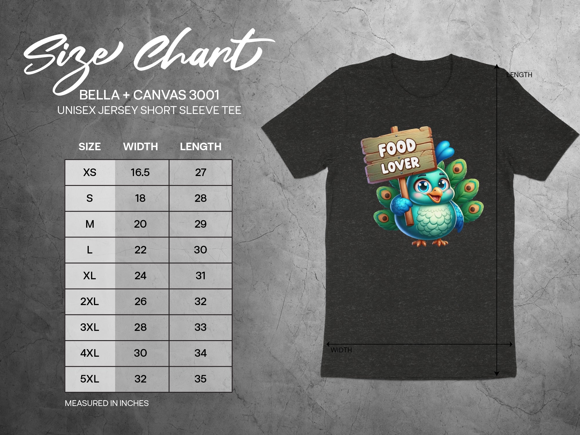 Bella + Canvas 3001 unisex tee size chart with cartoon peacock holding "Food Lover" sign.