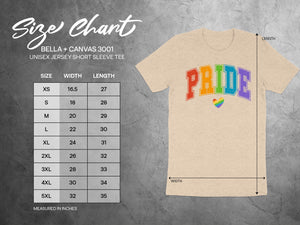 Size chart for Bella + Canvas 3001 unisex jersey tee with Pride graphic.