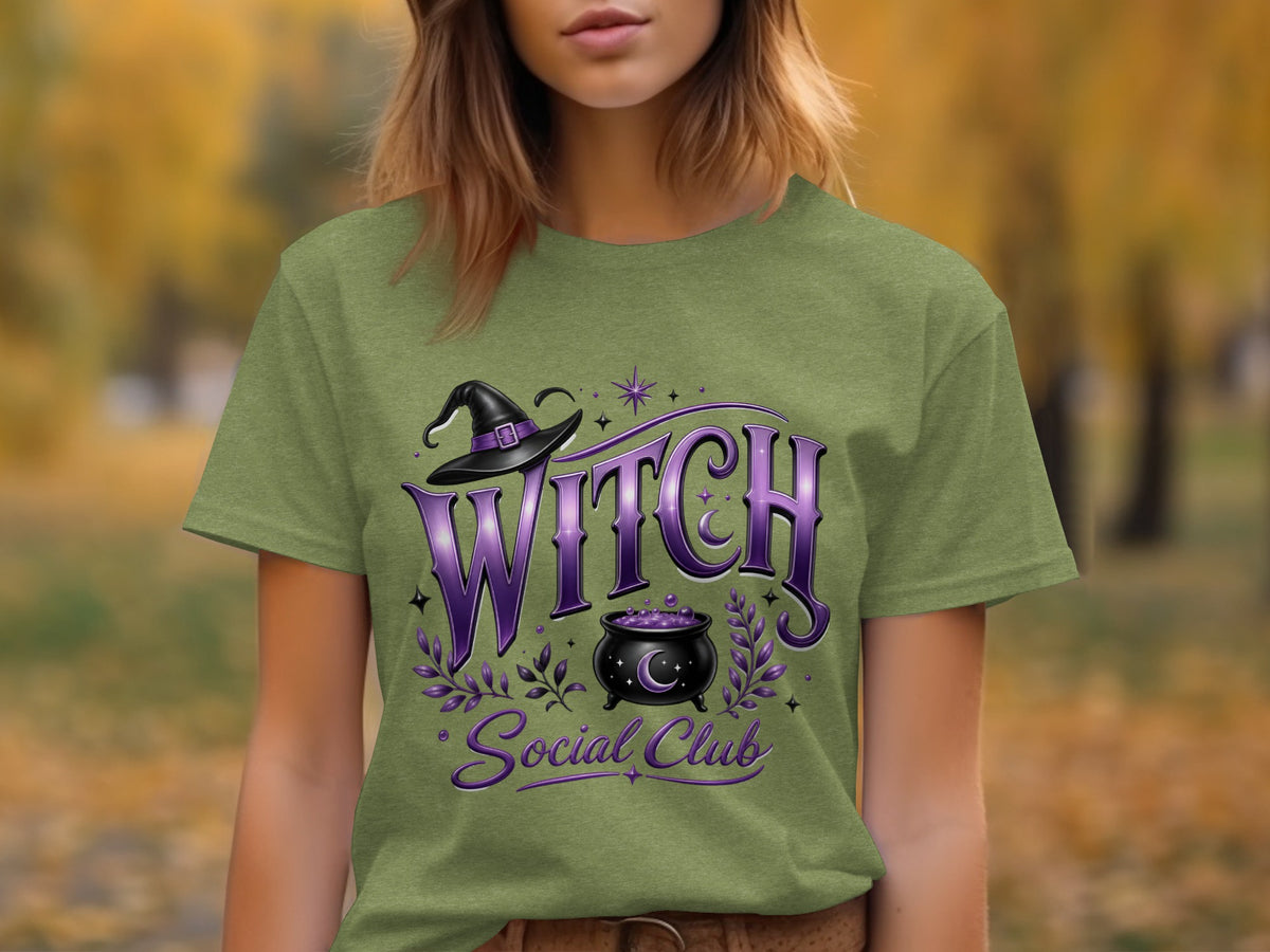 Green t-shirt with "WITCH Social Club" text, witch hat, and cauldron graphic.