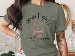 Green t-shirt with "smart girls read more" text and a cat reading a book.
