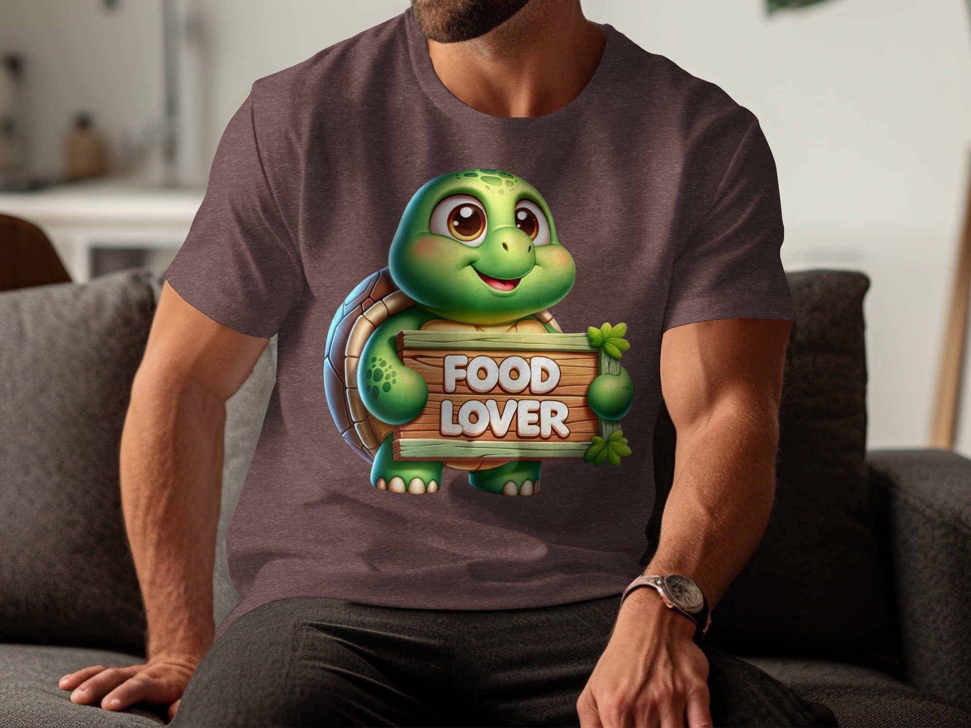 Cute cartoon turtle on a shirt holding a wooden sign that says "FOOD LOVER".