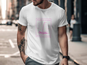 White t-shirt with pink sailboat graphic and "Port Haven Sailing Club" text.