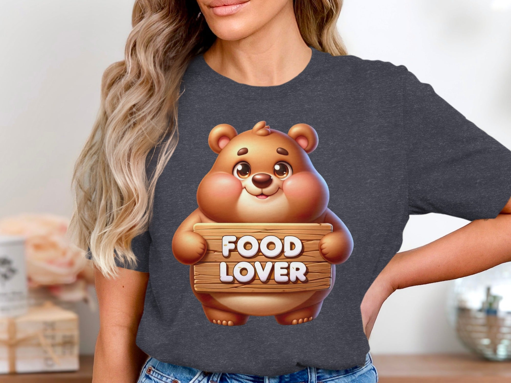 Cartoon bear holding a wooden sign that says "FOOD LOVER".