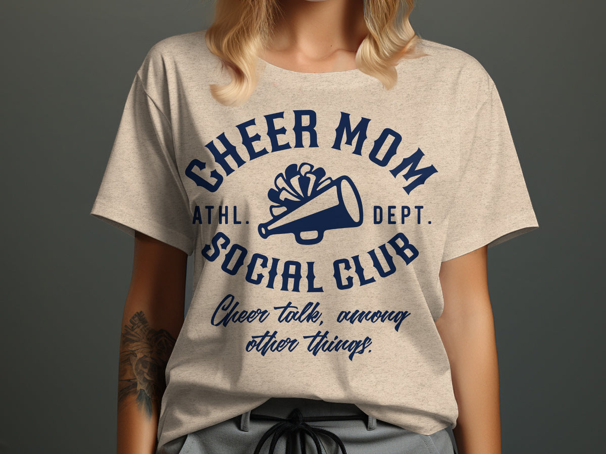 T-shirt with "Cheer Mom Social Club" and a megaphone graphic.