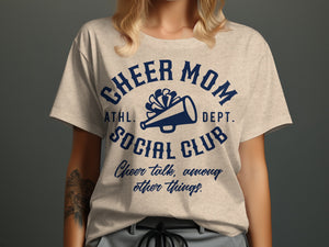 T-shirt with "Cheer Mom Social Club" and a megaphone graphic.