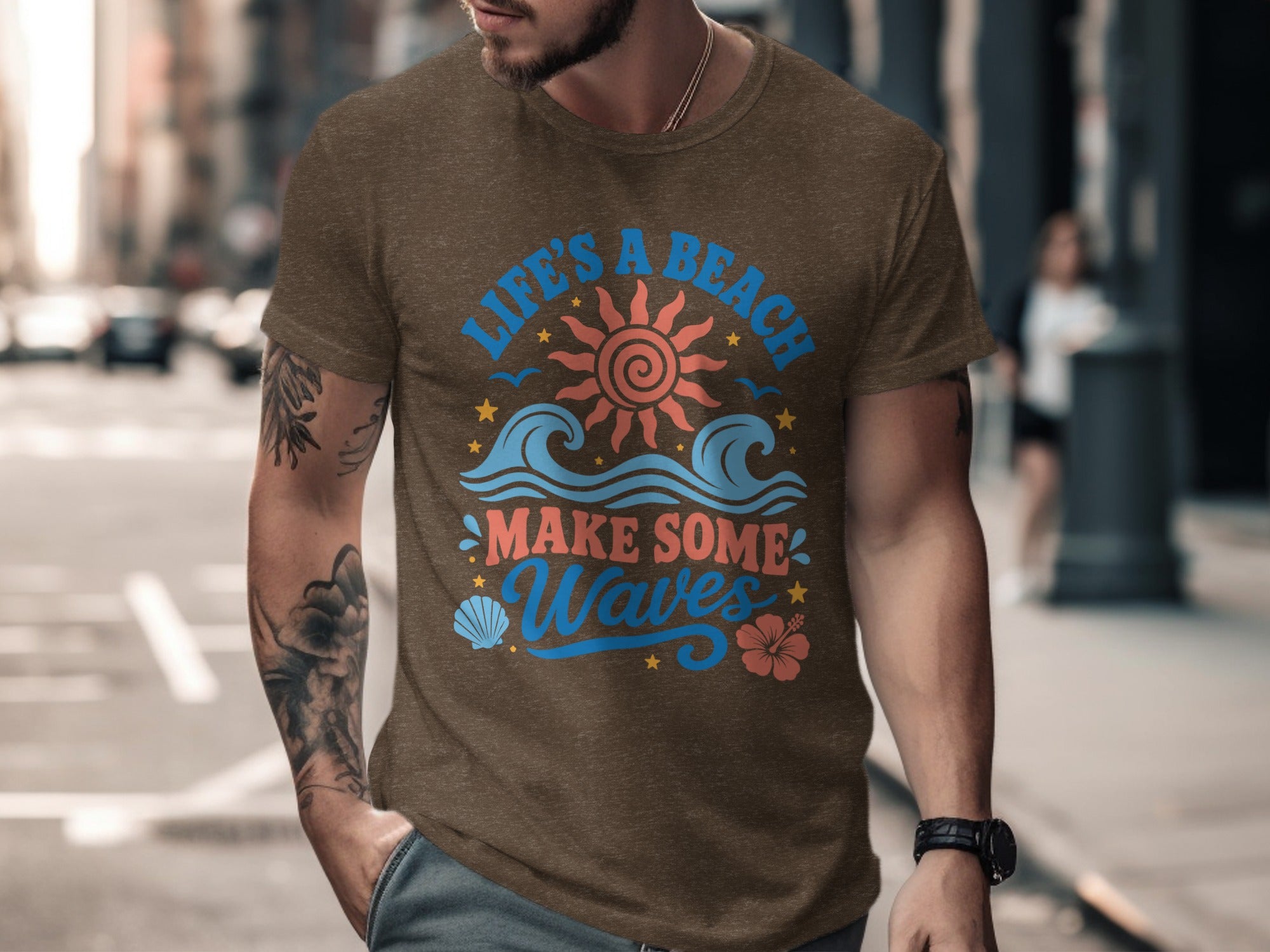 Brown t-shirt with "Life's a Beach Make Some Waves" text and beach graphics.