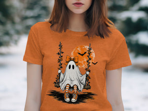 Ghost with bow, striped socks, and sneakers on a swing under moonlit bats.