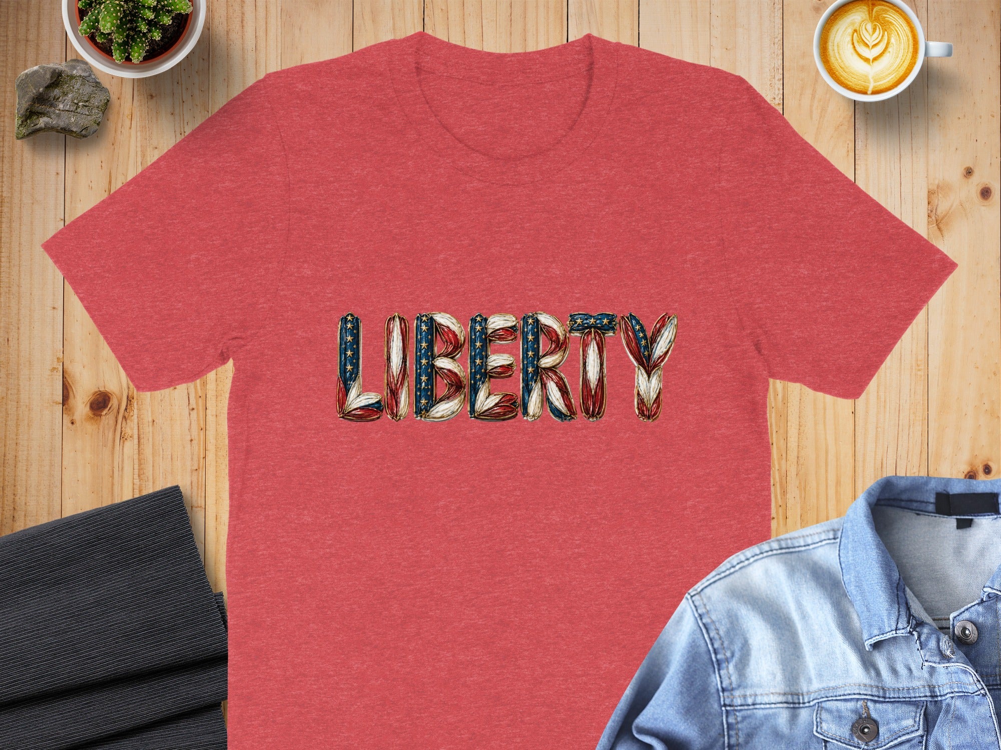 Red t-shirt with "LIBERTY" written in American flag-themed letters.