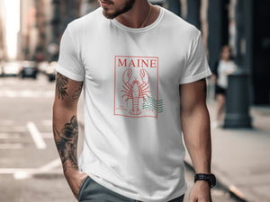 White t-shirt with red Maine lobster and text graphic.