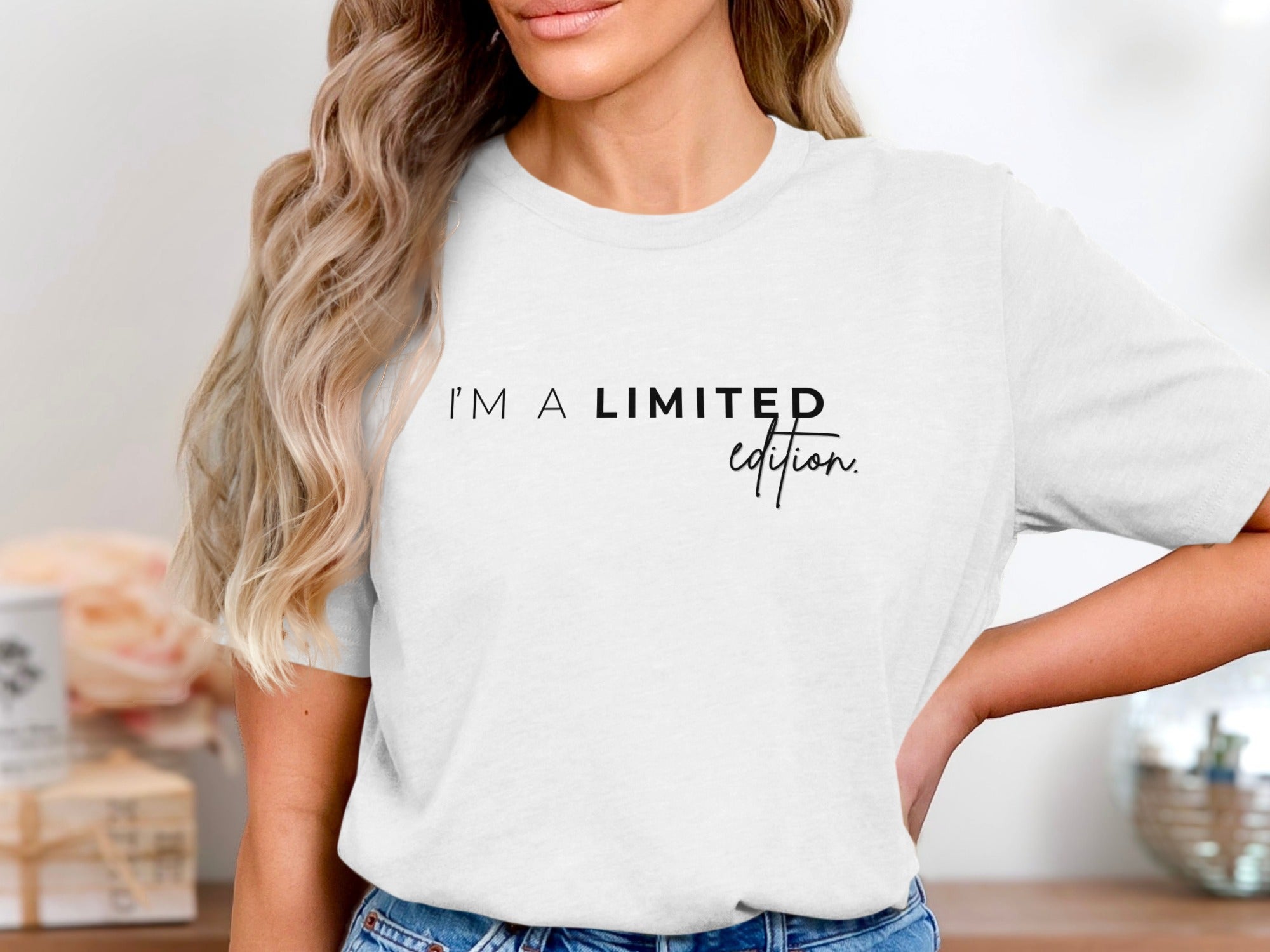 White t-shirt with black text "I'M A LIMITED edition."