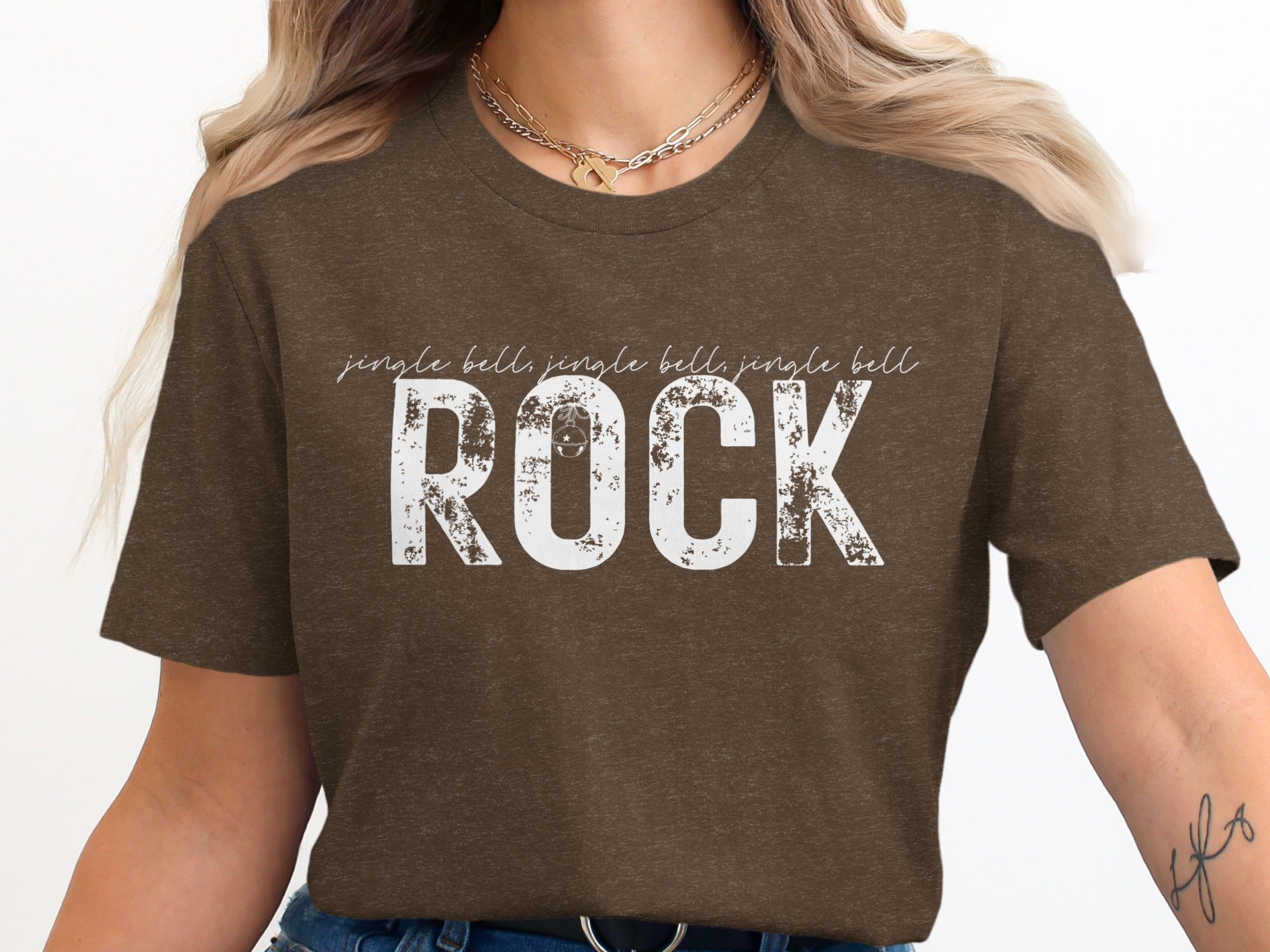 Brown t-shirt with distressed white text "jingle bells jingle bells jingle bells ROCK".