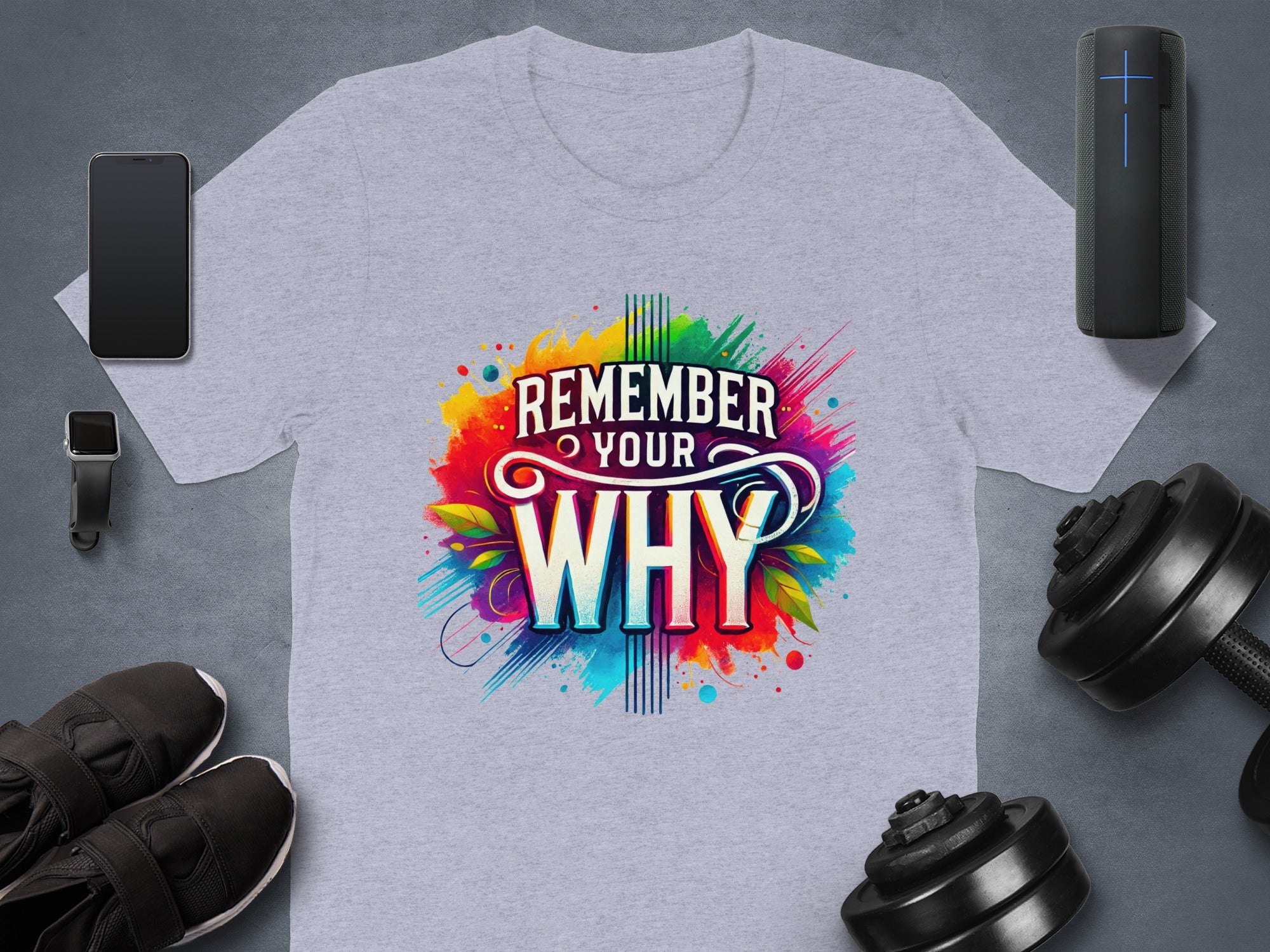 Grey t-shirt with "REMEMBER YOUR WHY" text and colorful paint splatters.