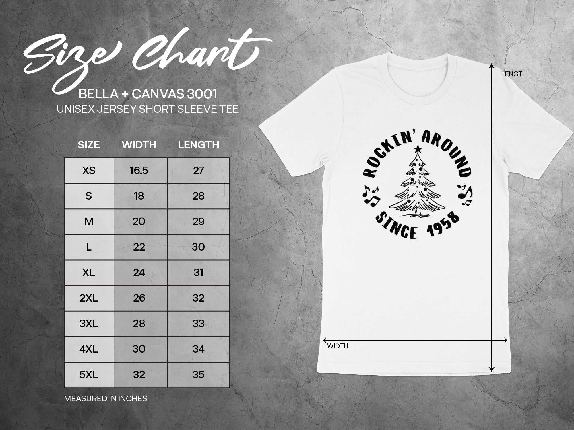 Size chart for Bella + Canvas 3001 Unisex Jersey Short Sleeve Tee, measured in inches.