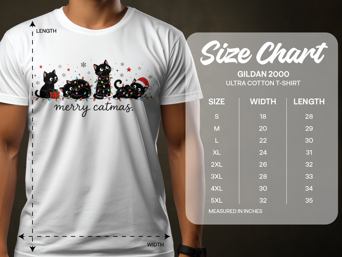 A white Gildan 2000 t-shirt featuring black cats entangled in holiday lights, with a size chart overlay.