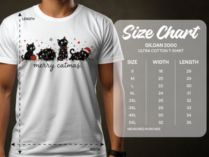 A white Gildan 2000 t-shirt featuring black cats entangled in holiday lights, with a size chart overlay.