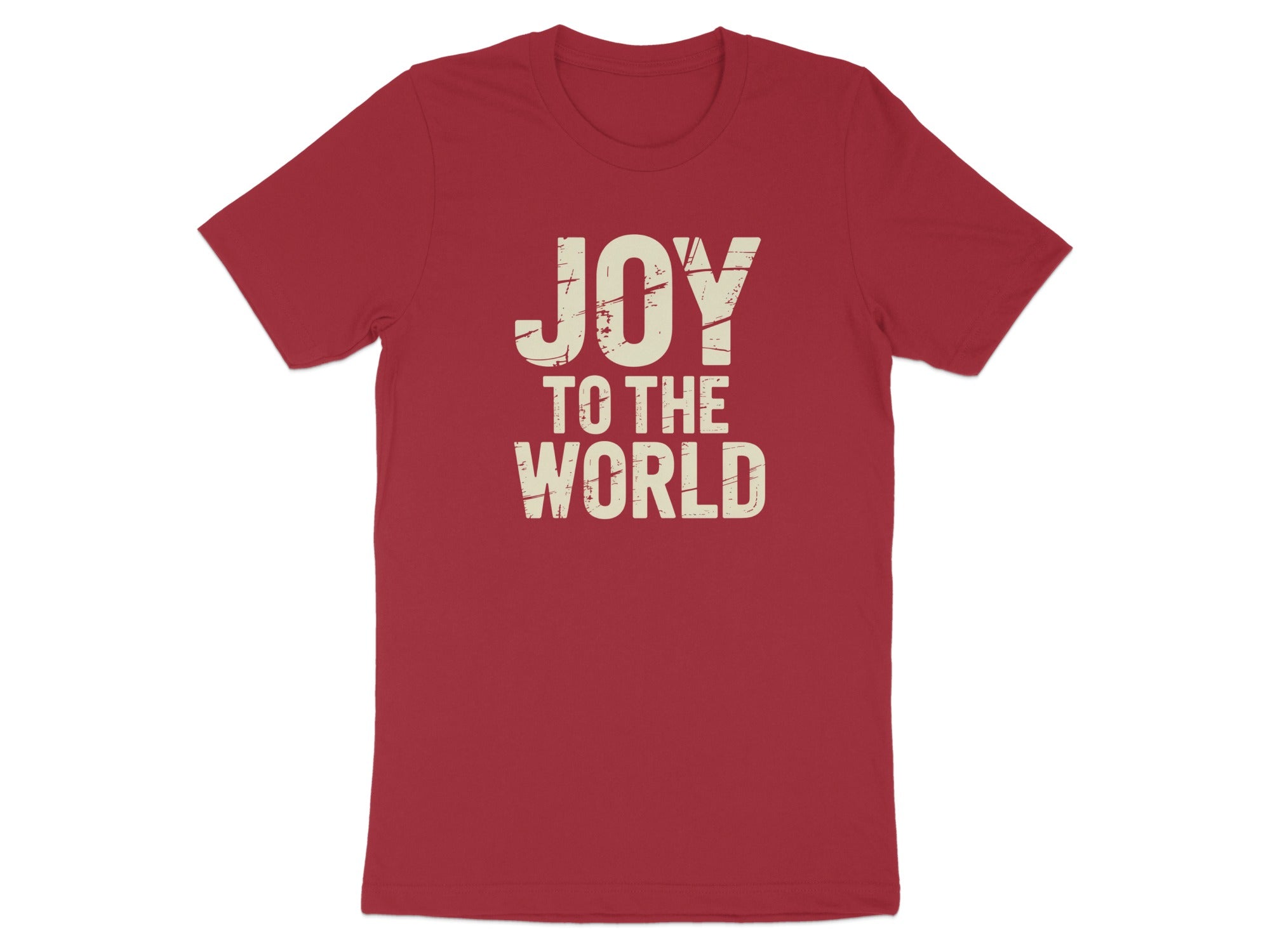 Red t-shirt with distressed "Joy To The World" text graphic.