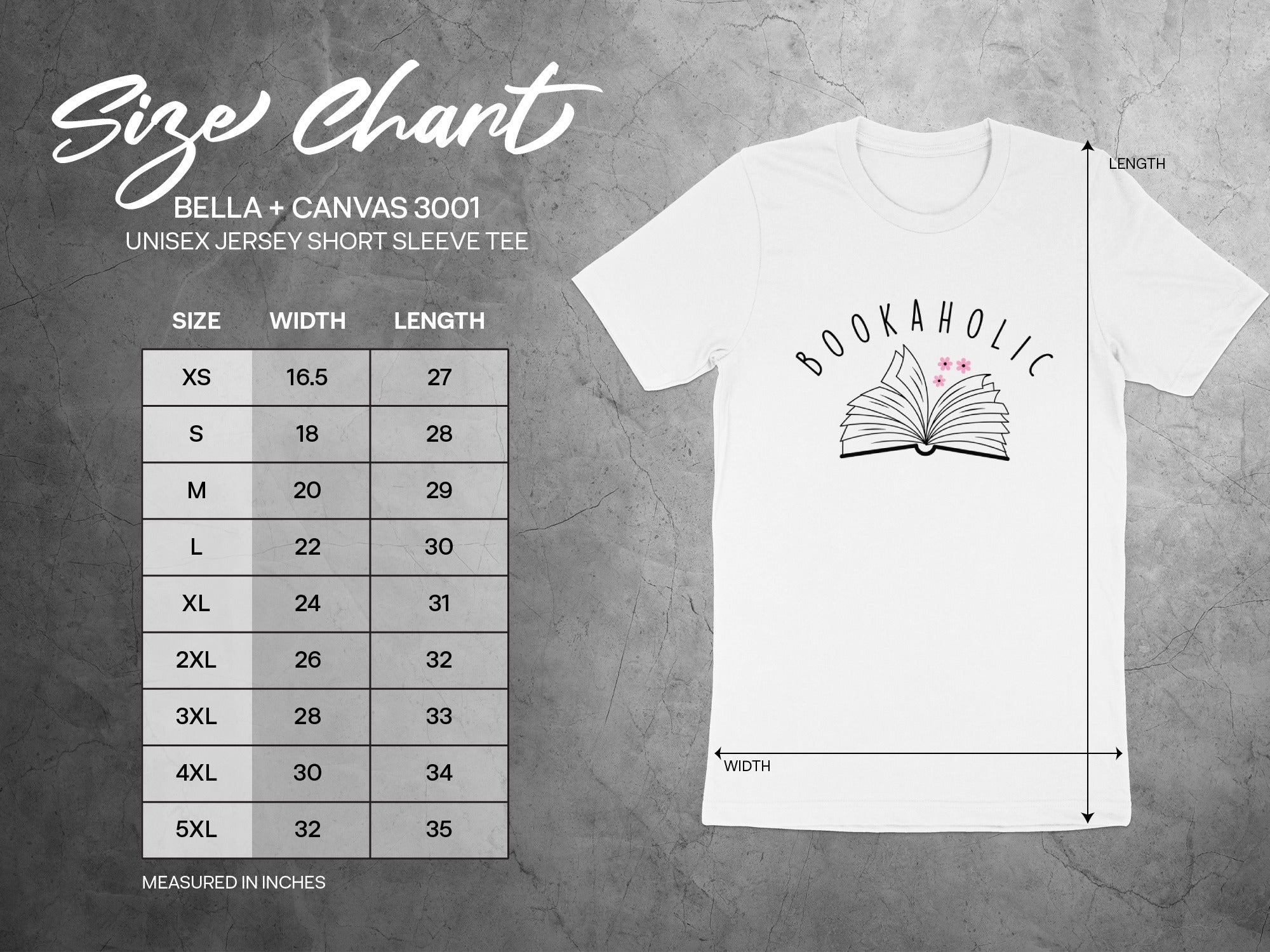 Size chart for BELLA + CANVAS 3001 unisex jersey short sleeve tee.