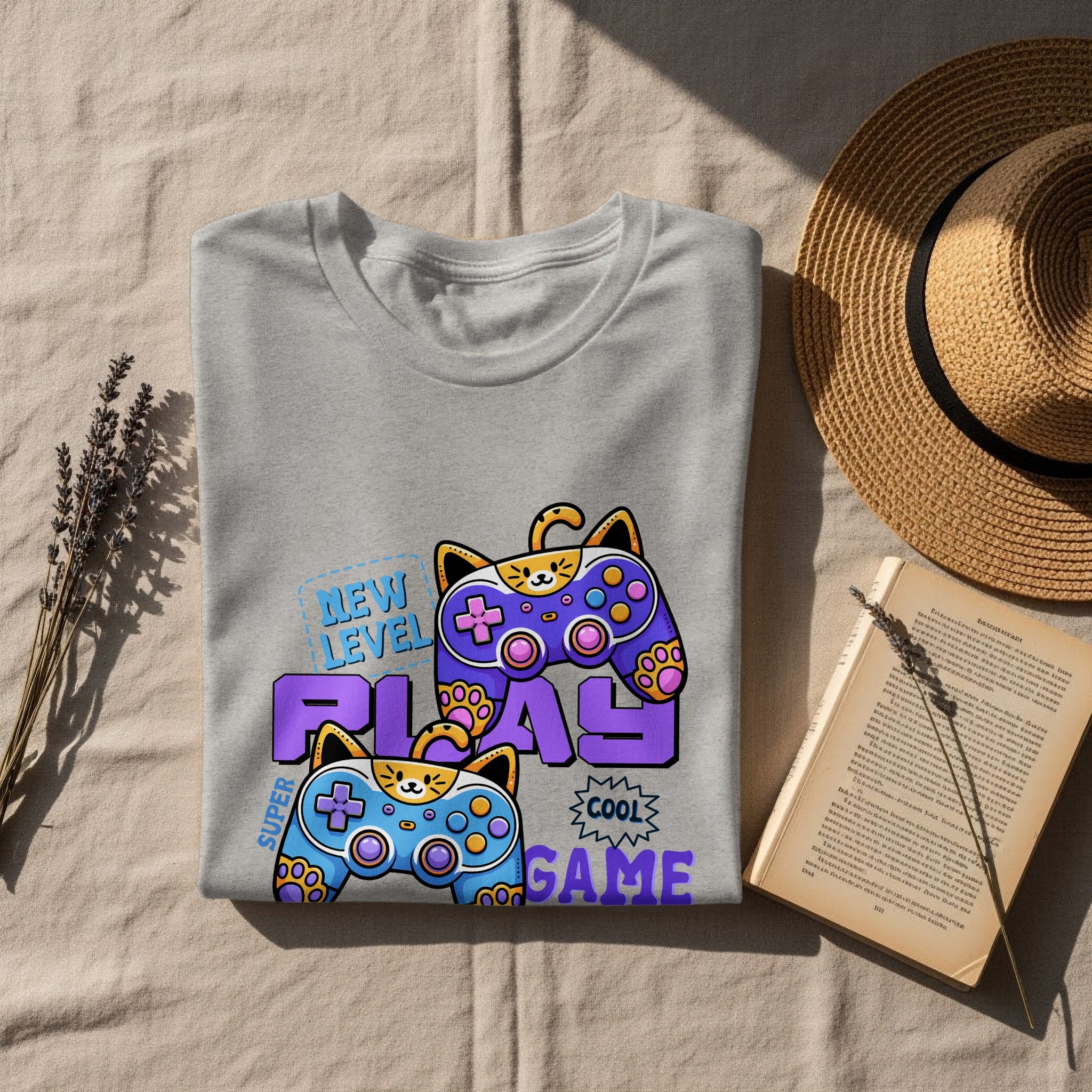 Gray t-shirt with graphic of two cat-themed controllers and text "New Level Play Super Cool Game".