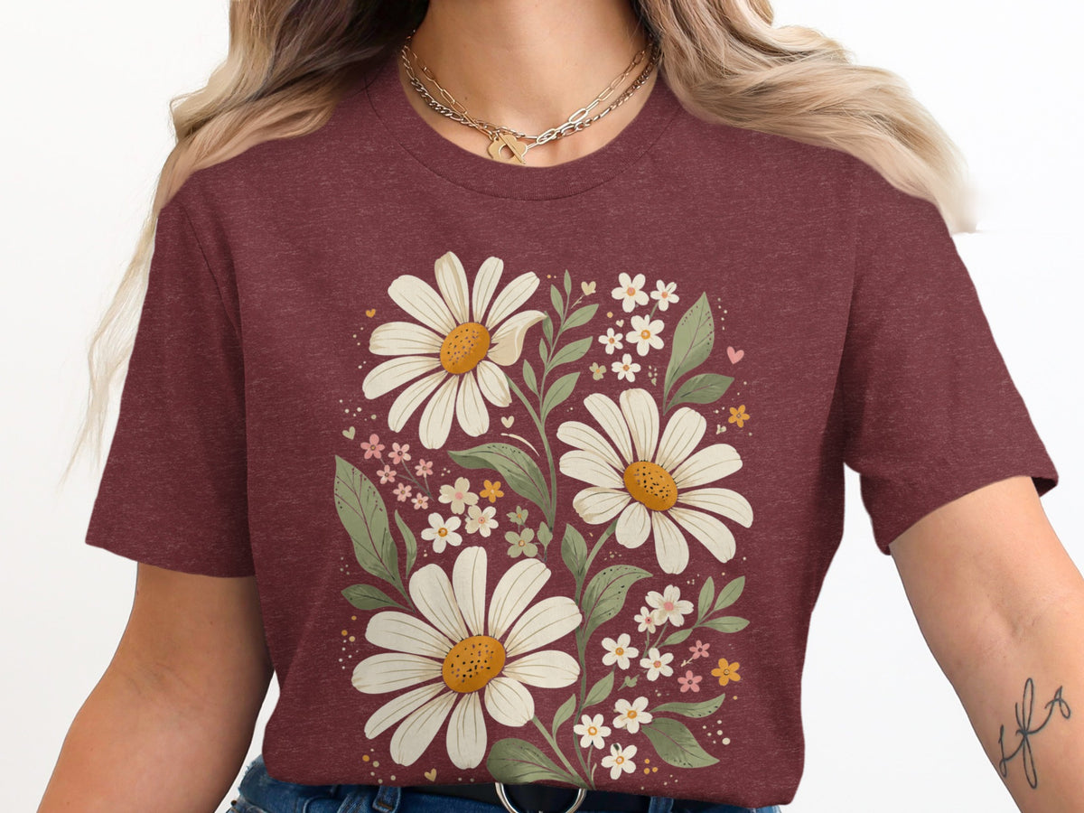 Maroon t-shirt with a floral daisy and small flower print design.