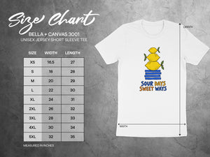 Bella + Canvas 3001 unisex tee size chart with stacked lemons graphic and text "Sour Days Sweet Ways".