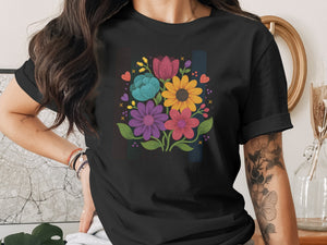 Black t-shirt with colorful floral illustration and vertical stripes.