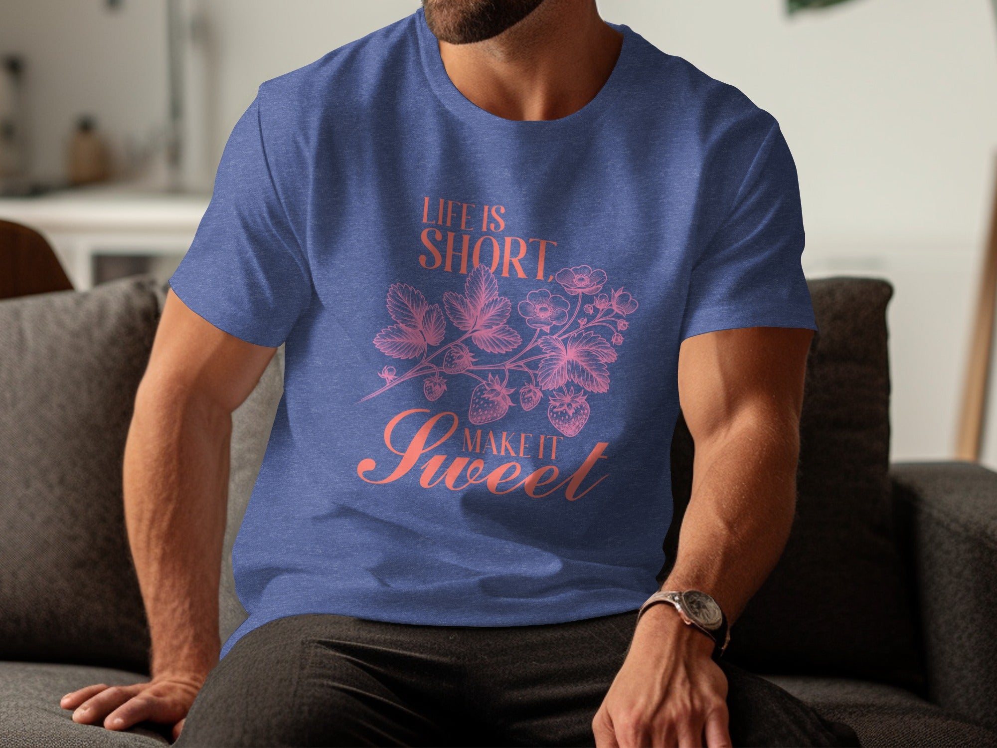 Blue t-shirt with "Life is short, make it sweet" and strawberry design.