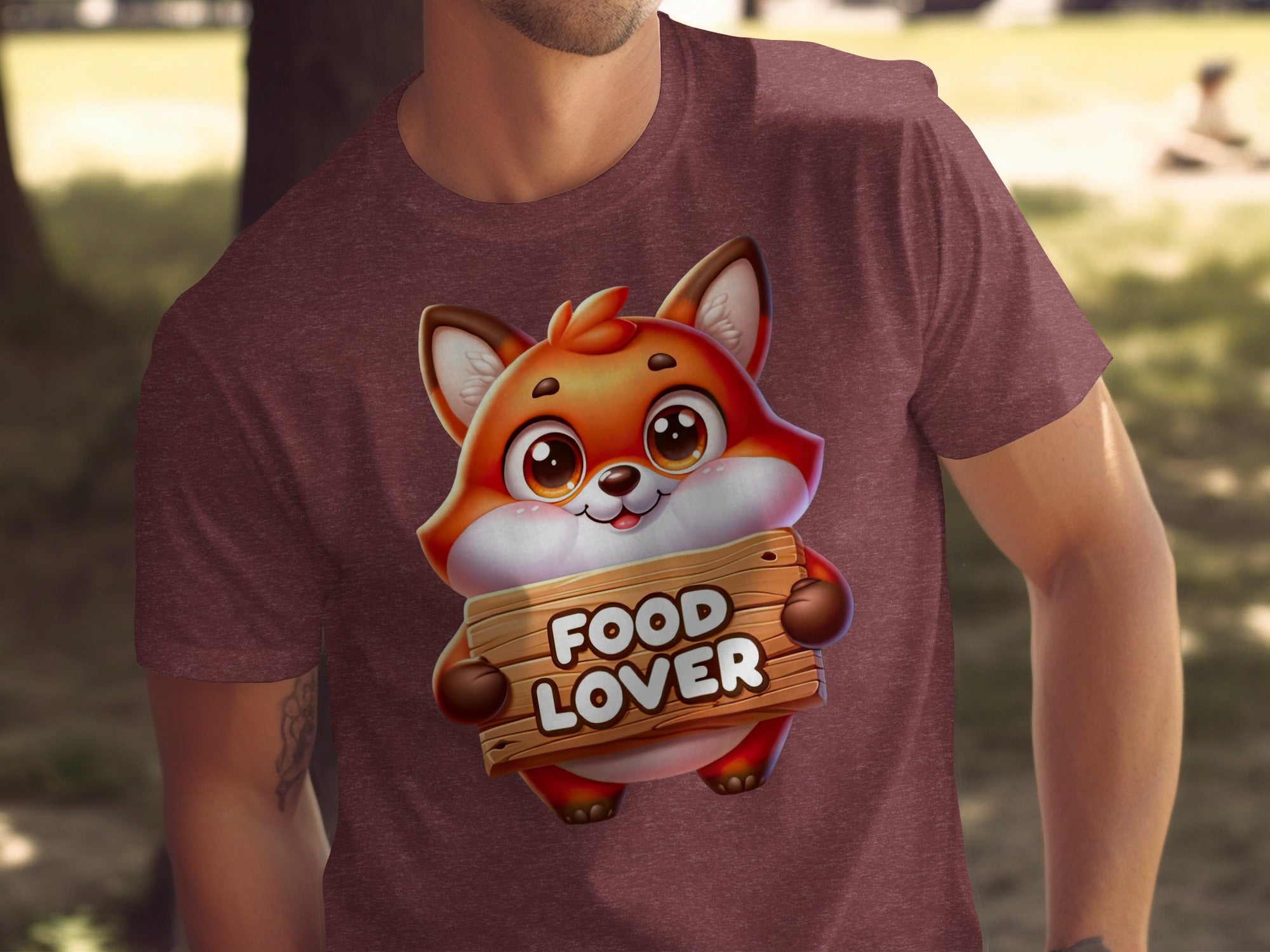 Maroon t-shirt with a cartoon fox holding a "FOOD LOVER" sign.