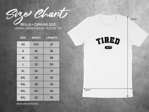 BELLA + CANVAS 3001 Unisex Jersey Short Sleeve Tee size chart measured in inches.