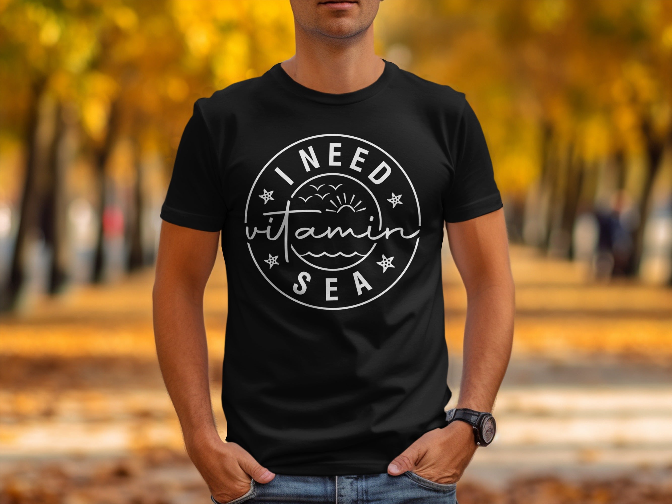 Black t-shirt with white text and graphic reading "I NEED vitamin SEA"</h4>