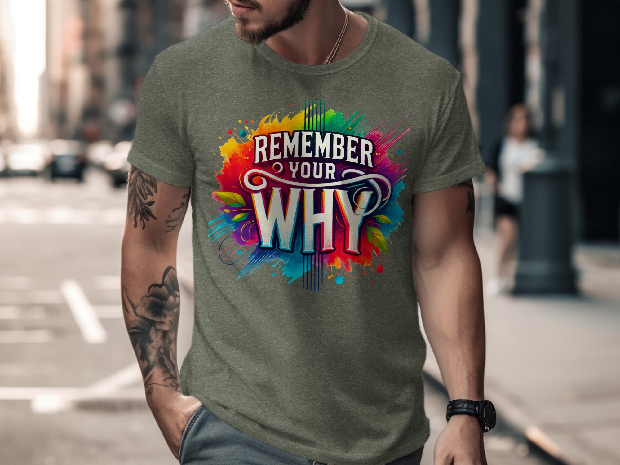Green t-shirt with "Remember Your Why" text art in vibrant colors.