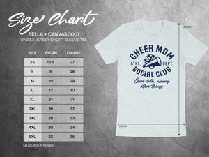 Size chart for Bella + Canvas 3001 unisex short sleeve tee with measurements.