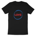 Black t-shirt with "LOVE" text inside a blue circular design.