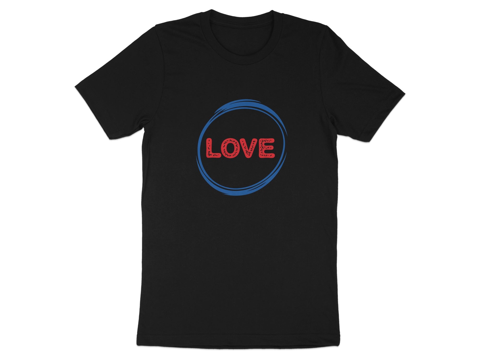 Black t-shirt with "LOVE" text inside a blue circular design.